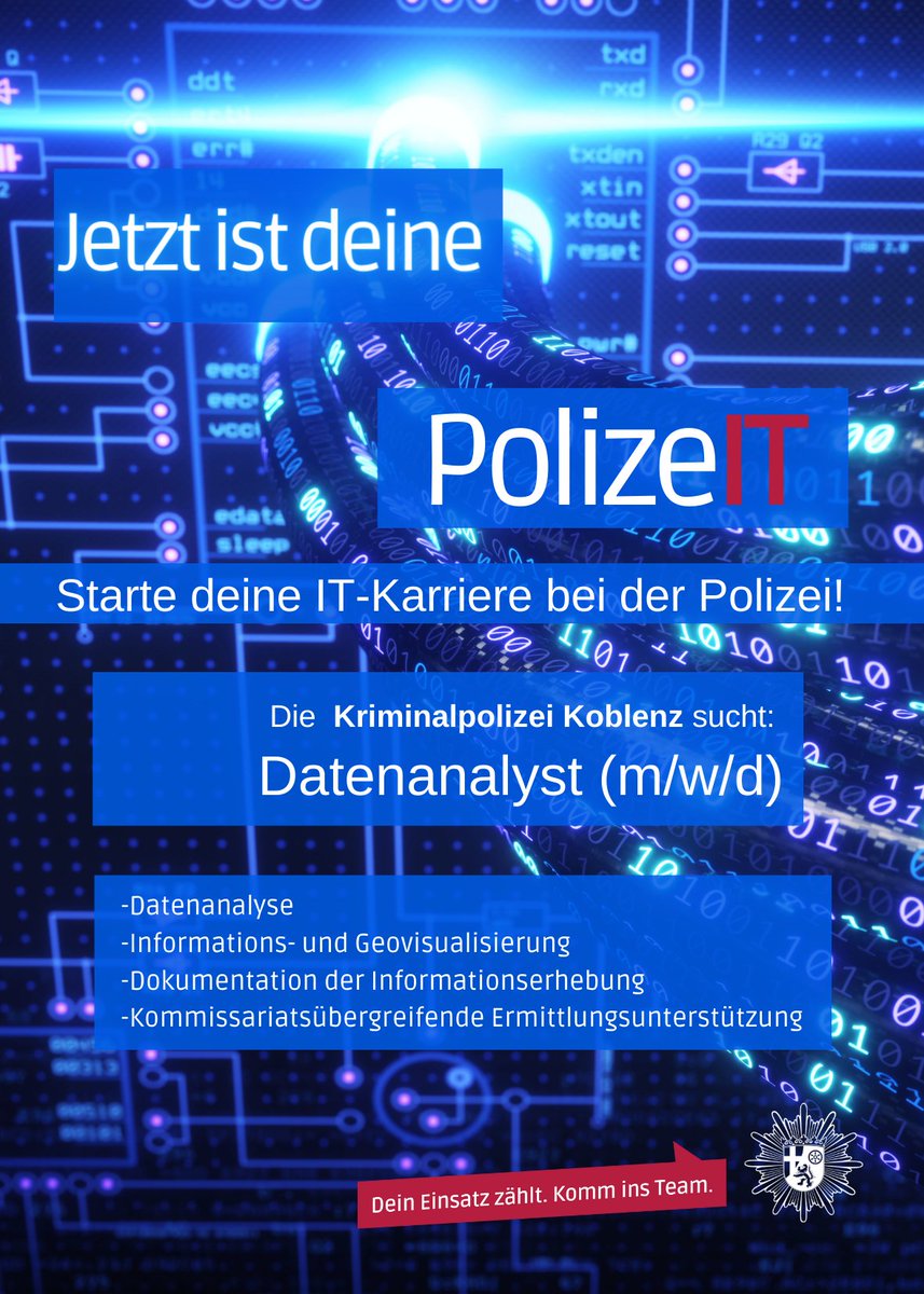 Polizei_KO's tweet photo. Wir suchen Verstärkung: https://t.co/OkX7QJv1uJ
#ITStellen #Polizei #Jobs #Datenanalyst https://t.co/XgpHlMF3xO