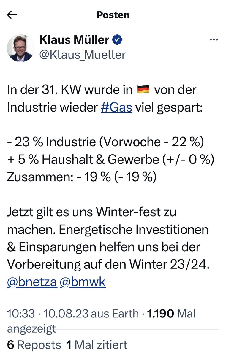 „Minus 23% Gasverbrauch in der Industrie in KW 31“, für den Präsidenten der staatlichen Bundesnetzagentur ist das ein Grund zu jubeln. 
#Produktionseinbruch 
#germany2023