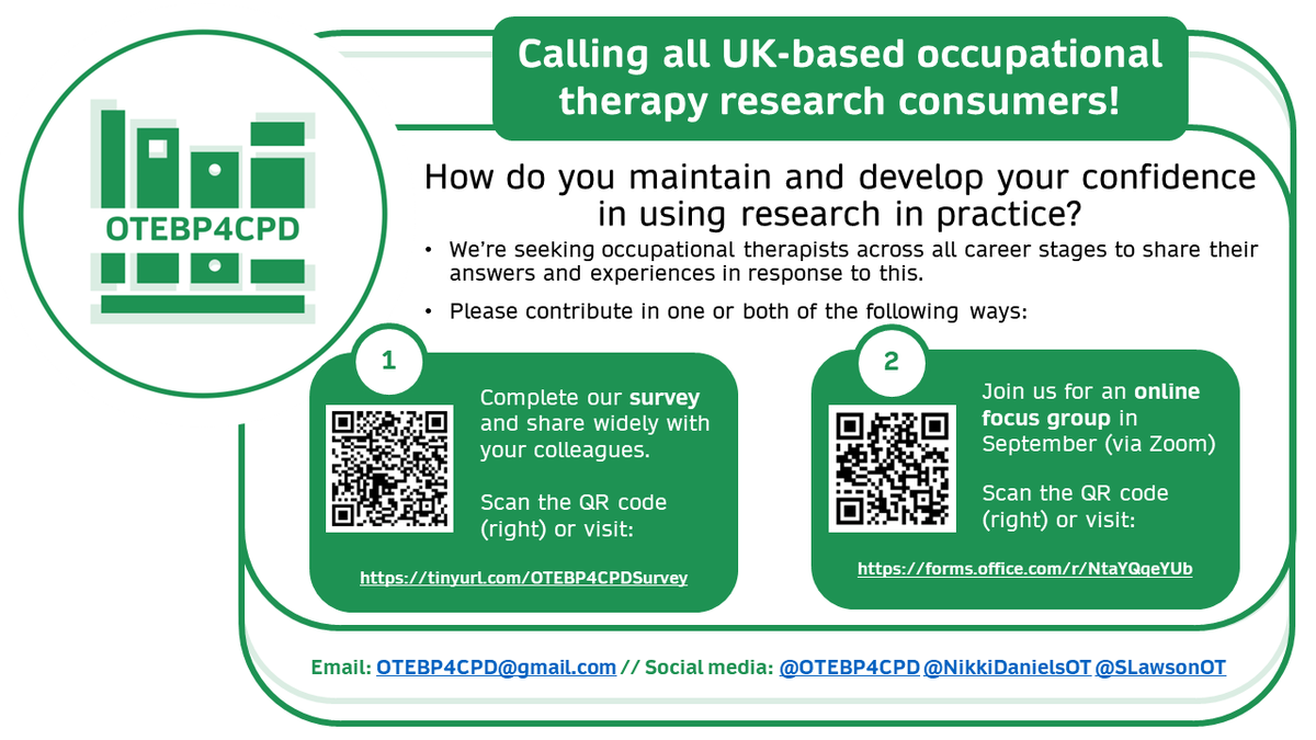 UK-based #OccupationalTherapy #Research consumers - how do you maintain & develop your confidence in using research in practice? 🤔 ➡️Survey tinyurl.com/OTEBP4CPDSurvey &/or ➡️Online focus groups forms.office.com/r/NtaYQqeYUb @NikkiDanielsOT @SLawsonOT @OTEBP4CPD #CPD #EBP #OT