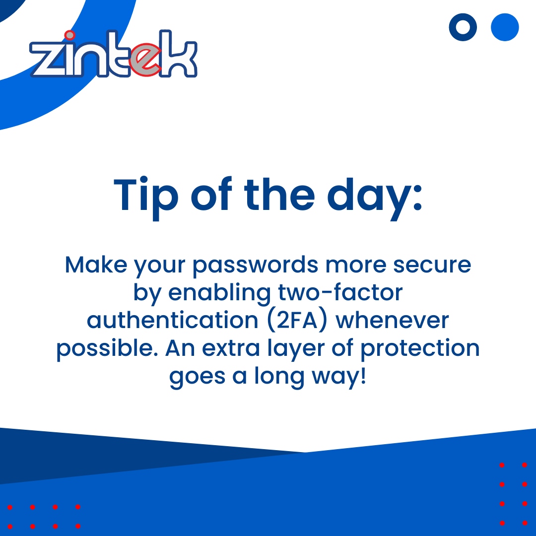 zintek's tweet photo. Tech Tip of the day: 👉️ 🔒 Double the protection, double the peace of mind! 💪💙

👉️ Contact us for #TechSupport 😉 https://t.co/Gdt5fpDrZY

#Security #ProtectYourData #TechTips #Internet #LifeHacks #Ireland #IrishBusiness #NorthernIreland #Tech #UK #Zintek⁠ https://t.co/Nv0GjGSM8O