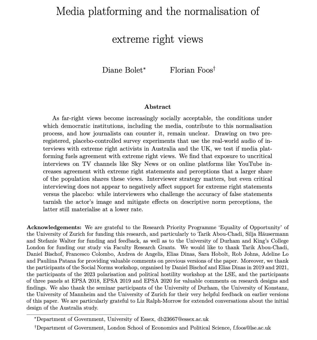 dianebolet's tweet photo. New working paper with @FlorianFoos showing that exposure to interviews with extreme right activists on TV &amp; online platforms fuels agreement with extreme right statements &amp; affects norms: 
https://t.co/c89bwzpZ8p

🧵
1/11 https://t.co/cQjbCZdEdO