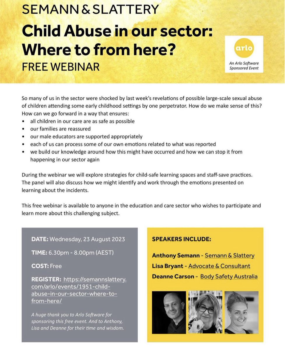Many thanks to <a href="/SemannSlattery/">Semann & Slattery</a> for organising this opportunity to come together as a sector to unpack and unite to move forward into a future that keeps children safe. With <a href="/LisaJBryant/">Lisa Bryant</a> <a href="/anthonysemann/">Anthony Semann</a> and <a href="/DeanneCarson/">Deanne Carson</a> presenting, it can’t be missed #ozearlyed