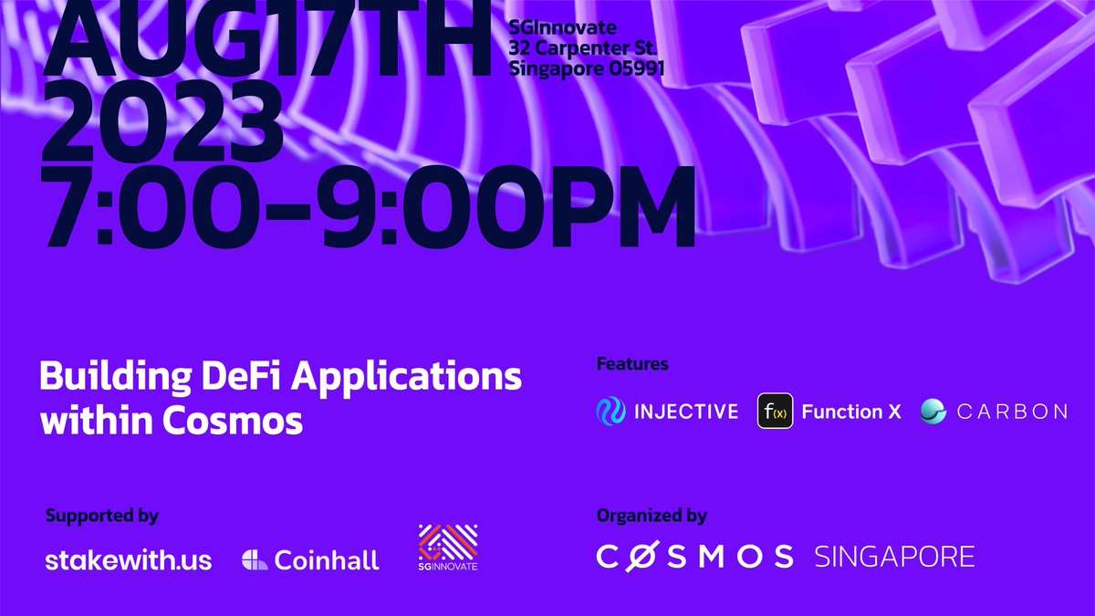 Stakewithus (@stakewithus) on Twitter photo Our CosmosSG event with <a href="/coinhall_org/">Coinhall ๐ ๐</a> is upcoming in a week, and it'll be about building DeFi apps within Cosmos with featured guests from the <a href="/Injective_/">ninja</a> @FUNCTIONX_IO <a href="/0xcarbon/">Carbon - SWTH ๐</a> teams!
See you guys on Aug 17th at 7pm ๐
โค Intros about the speakers in the thread below ๐ Our CosmosSG event with <a href="/coinhall_org/">Coinhall ๐ ๐</a> is upcoming in a week, and it'll be about building DeFi apps within Cosmos with featured guests from the <a href="/Injective_/">ninja</a> @FUNCTIONX_IO <a href="/0xcarbon/">Carbon - SWTH ๐</a> teams!
See you guys on Aug 17th at 7pm ๐
โค Intros about the speakers in the thread below ๐