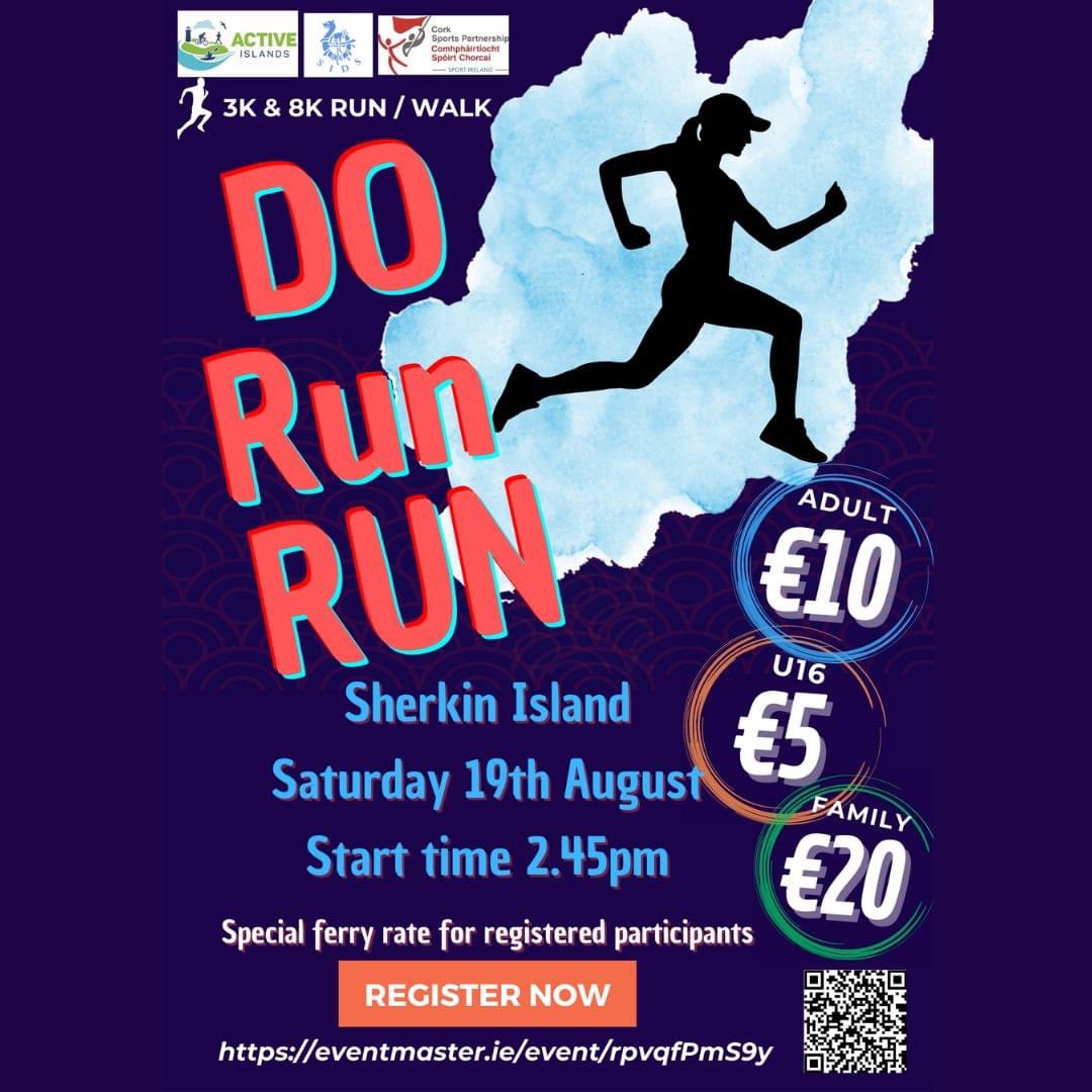CorkSports's tweet photo. 🤩🎉 Sherkin Do Run Run 2023 | #ActiveIslands 

👟 3km &amp; 8km routes

Enjoy spectacular scenery and a warm welcome on the Islands this summer 🏃

📆 Sat, 19th Aug
📍 Sherkin Island
⏱ 2.45pm 
🛥 Ferry from Baltimore

🎫 https://t.co/jEbjVaU2gu https://t.co/x8gNMxzHF6