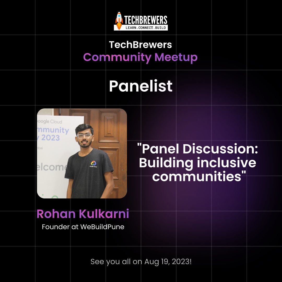 TechThrusters's tweet photo. ๐๏ธ Announcing our next panelist, @rohan_2502, Founder of WeBuildPune and also organized Hack The League and Hack At SITS.
See you all at the panel discussion on โBuilding Inclusive Communitiesโ on August 19, 2023. ๐
#TechBrewers #TechBrewersMeetup #PanelDiscussion #Community https://t.co/5R4XlJ7BbI