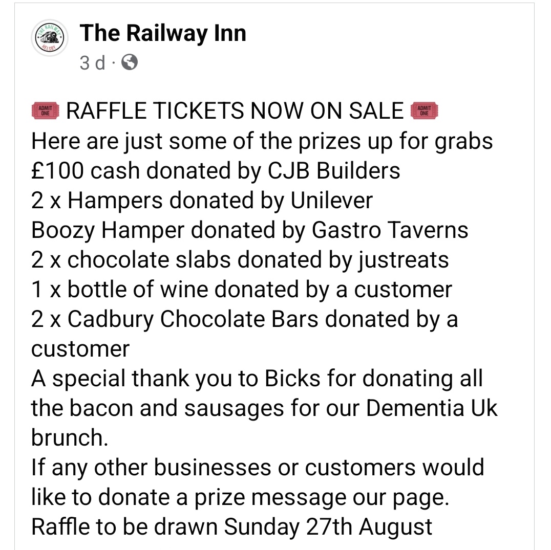 railwayhelsby's tweet photo. We're hosting a August #bankholiday Charity weekend to raise funds for @DementiaUK and @ChildrensAirAmb raffle tickets onsale now behide the bar with some fantastic prizes to be won.
#Helsby #Frodsham #Cheshire https://t.co/IalPix1kiD