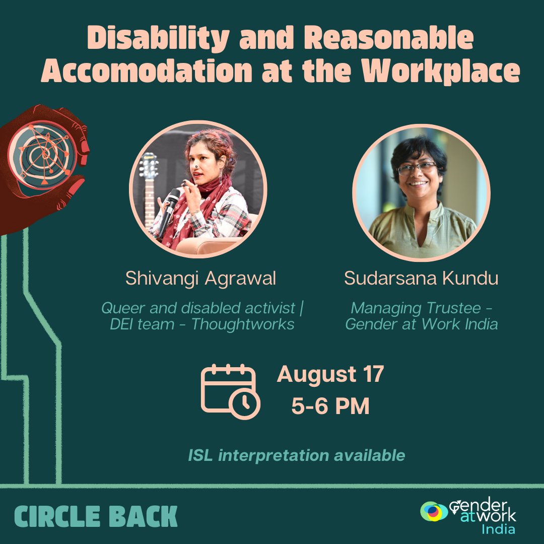 GenderatWorkInd's tweet image. New #CircleBack coming up on Aug 17! 

@SudarshanaKundu will chat with Shivangi Agrawal @disabledspice about the implications of reasonable accommodation at the workplace, the tenets of a holistic institutional #disability framework, &amp;amp; more. 

Register!
us06web.zoom.us/webinar/regist…