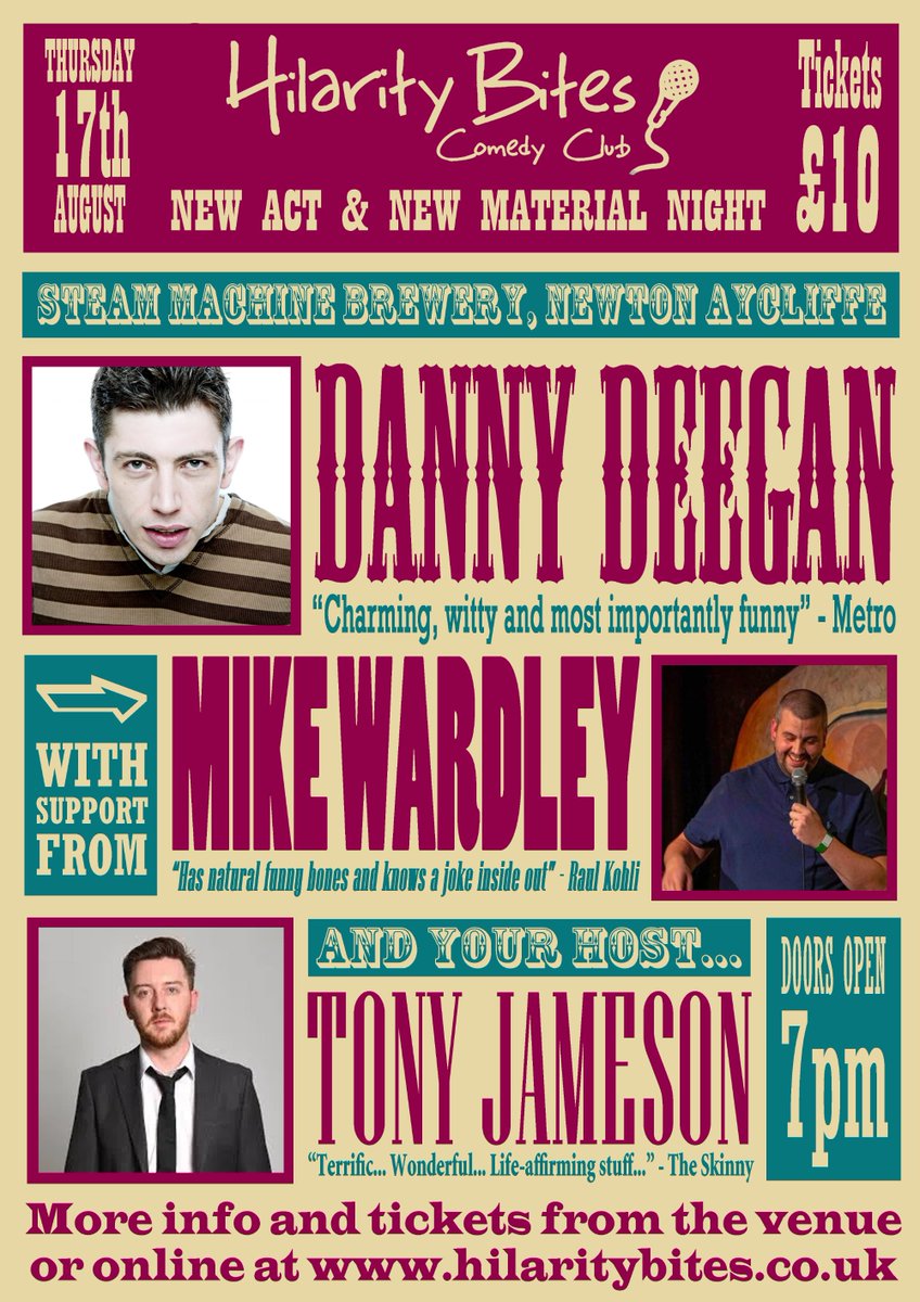 Hilarity Bites Comedy Club (@hilaritybites) on Twitter photo 🍻 In just one week, we're throwing a comedy show in a brewery in Newton Aycliffe
🎤 Joining us at the Steam Machine Brewery will be <a href="/DannyDeegan/">Danny Deegan</a>, <a href="/MikeWardley/">Mike Wardley</a> and <a href="/tonyjameson/">Tony Jameson</a>
🎟️ Tickets for this show are £10 per person and are on sale now
Details ➡️ hilaritybites.co.uk/show/newton-ay… 🍻 In just one week, we're throwing a comedy show in a brewery in Newton Aycliffe
🎤 Joining us at the Steam Machine Brewery will be <a href="/DannyDeegan/">Danny Deegan</a>, <a href="/MikeWardley/">Mike Wardley</a> and <a href="/tonyjameson/">Tony Jameson</a>
🎟️ Tickets for this show are £10 per person and are on sale now
Details ➡️ hilaritybites.co.uk/show/newton-ay…