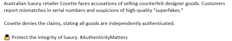 Advanced_TT's tweet photo. Australian luxury retailer Cosette faces accusations of selling counterfeit designer goods. Customers report mismatches in serial numbers and suspicions of high-quality "superfakes." https://t.co/jCuVU5tsij