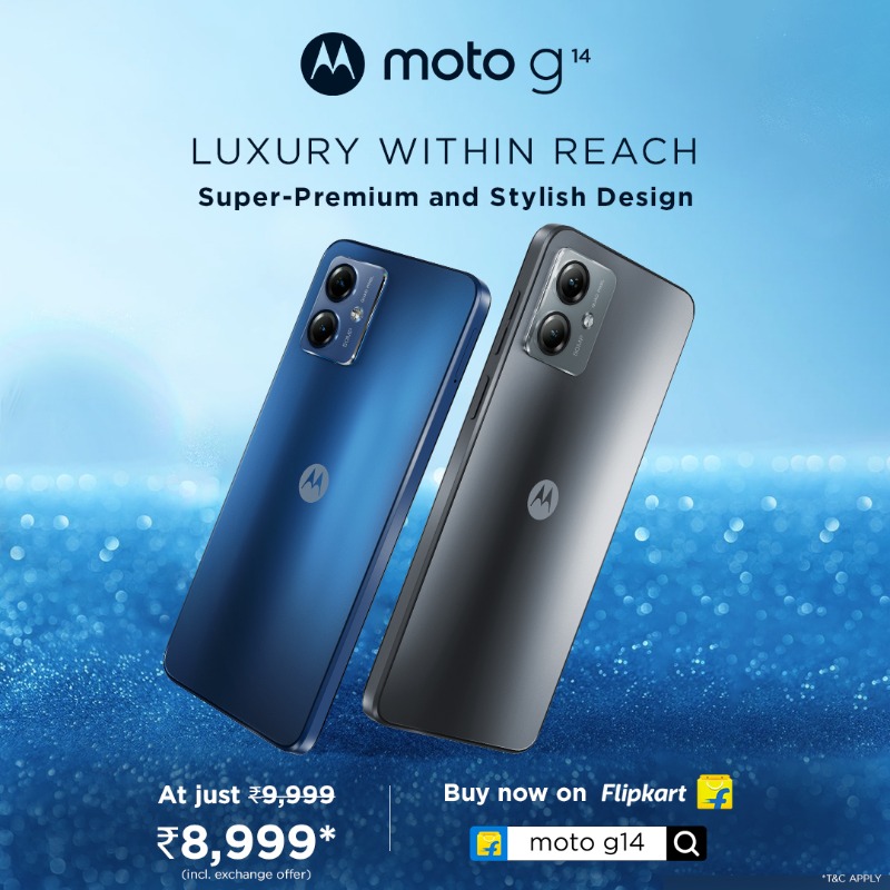 motorolaindia's tweet photo. Beautifully crafted from high-quality materials, the #motog14 has a rich look and feel . And the best part is, you don't need to stretch your budget to own one. Get it at just ₹8,999*(incl. exchange offer) on @flipkart & at leading retail stores. #HatkeStyle #HatkeEntertainment