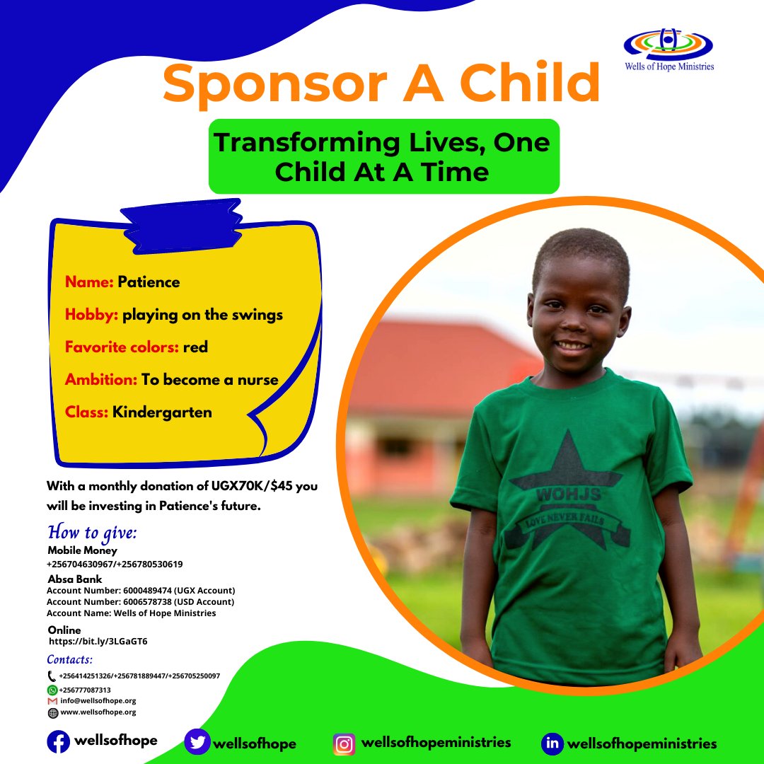 wellsofhope's tweet image. Through sponsorship, children have been able to achieve their dreams. 

Patience's dream is to become a nurse. With your support, you will help to make her dream a reality.
#WOHSponsorship #MakingDreamsComeTrue
