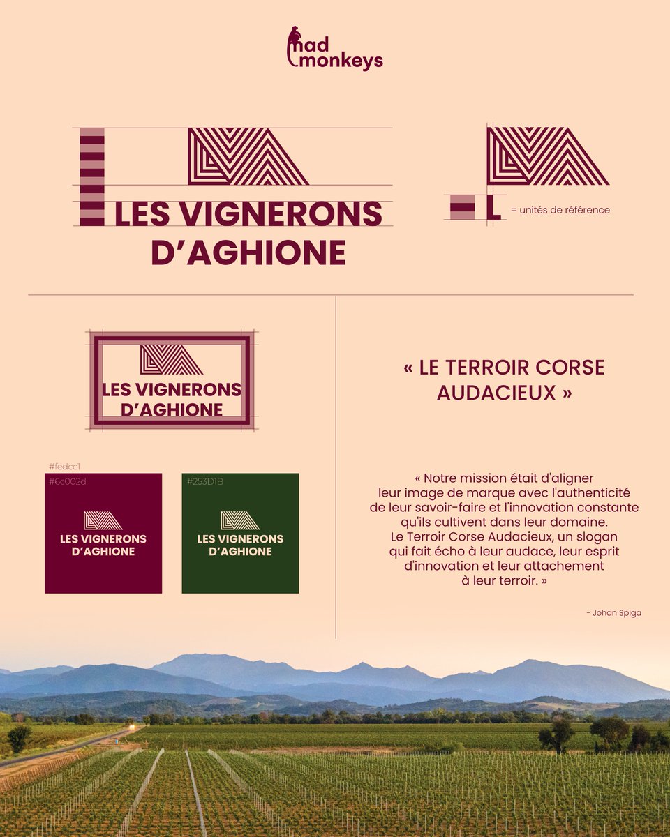 Nouveau chapitre pour <a href="/CasanovaAghione/">Les Vignerons D'Aghione</a> !
Projets innovants et lancements réussis ont rythmé notre collaboration depuis 2016 🐒
Cette année, nous avons repensé leur identité de marque : la consécration de plusieurs années de confiance mutuelle. 
➡️ urlz.fr/nblr