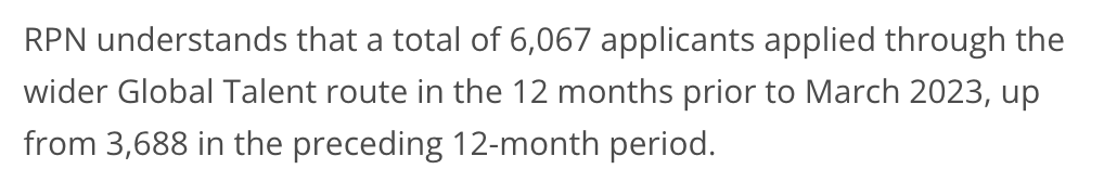 robmil's tweet photo. @IanNabney @AlexTaylorNews I thought the same thing; the article is pretty misleading. It seems like there have been 3 applicants using "prestigious prizes" as the basis for their application, but there have been loads (and an increasing number) of general Global Talent applications: https://t.co/YrqoxiSnYB