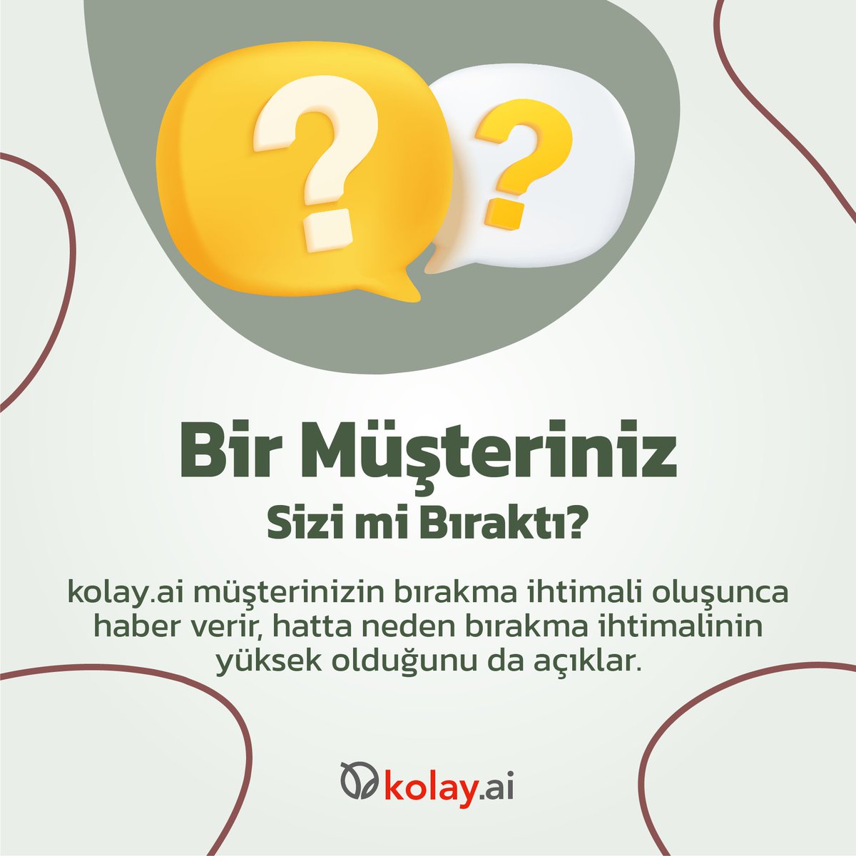 Bir Müşteriniz Sizi mi Bıraktı? 😰 kolay.ai müşterinizin bırakma ihtimali oluşunca haber verir, hatta neden bırakma ihtimalinin yüksek olduğunu da açıklar. 👍

🌐 kolay.ai
💬 info@kolay.ai

#kolayai #yapayzeka #müşterilişkileri #müşteriyönetimi #CRM