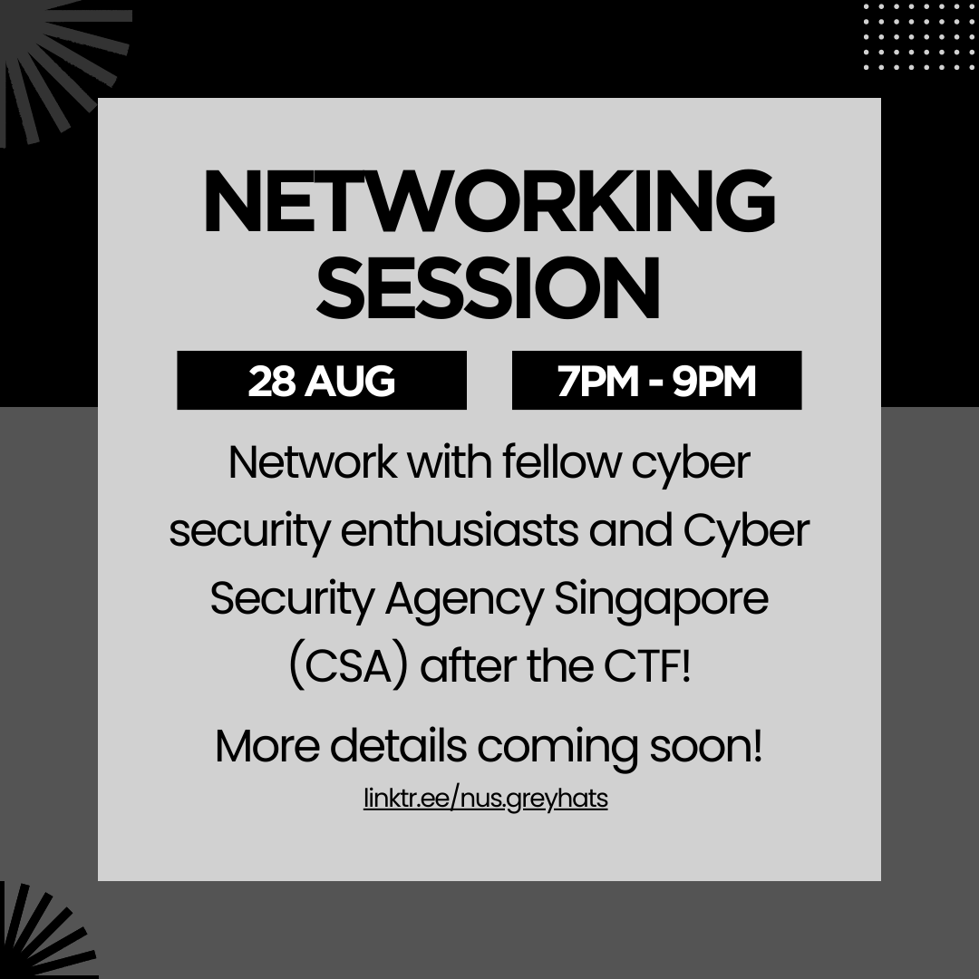 NUSGreyhats's tweet photo. Calling all current NUS students 📢 We have an exciting lineup of events to welcome the new AY, starting with our Welcome Tea for anyone interested in joining us! More details of the WelcomeCTF will be coming soon 👀
https://t.co/9K3bBAtqwG https://t.co/xauytLrmPL