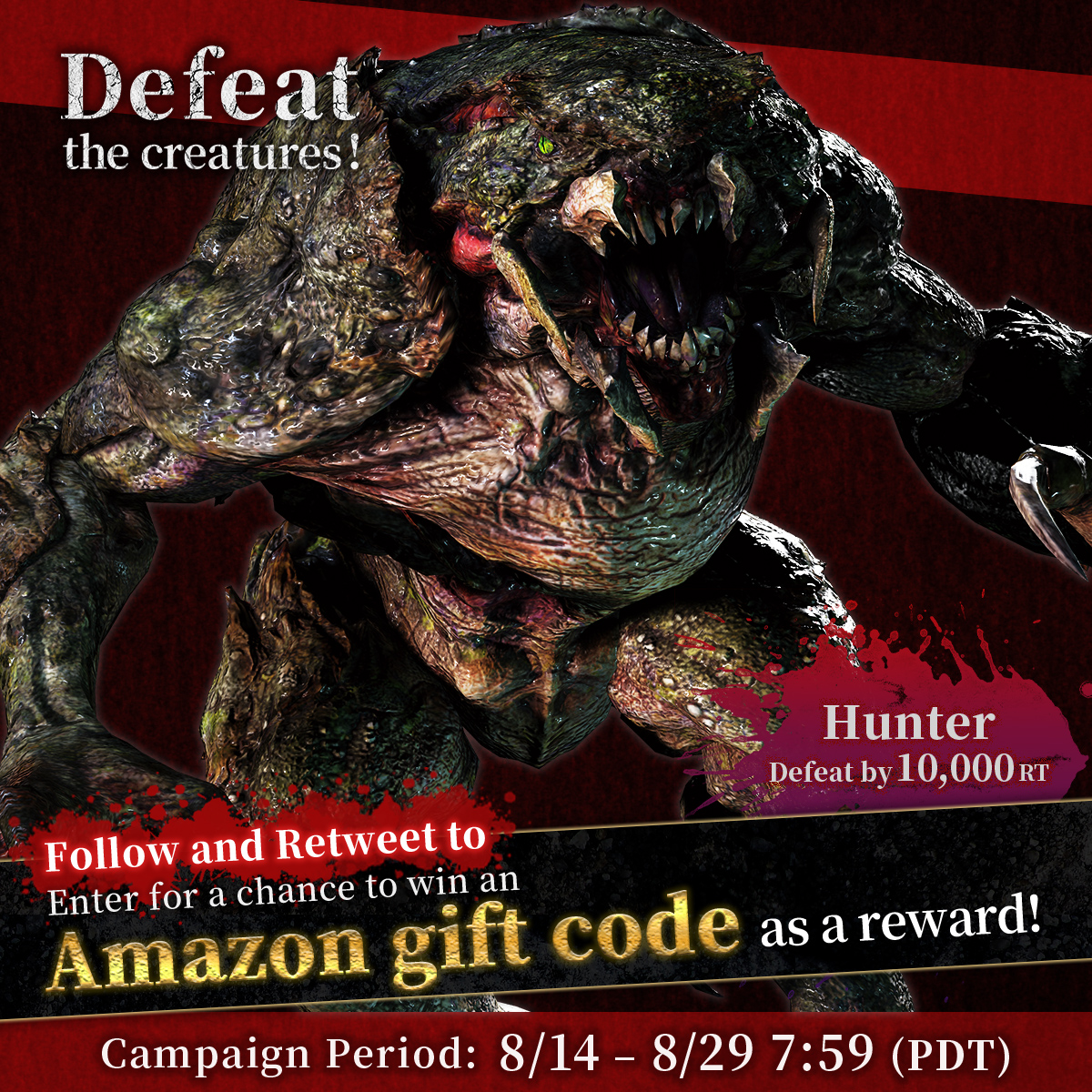 REBHPortal's tweet image. ◢◤
#ResidentEvil
Follow &amp;amp; RT to defeat!
◥◣

Round 3: Hunter - 10,000 RT = a chance at an Amazon gift code! Defeat more to up the amount!

What to do:
1) Follow @REBHPortal
2) RT this post
3) Wait for DM after August 30th if you win

Terms
game.capcom.com/residentevil/e…