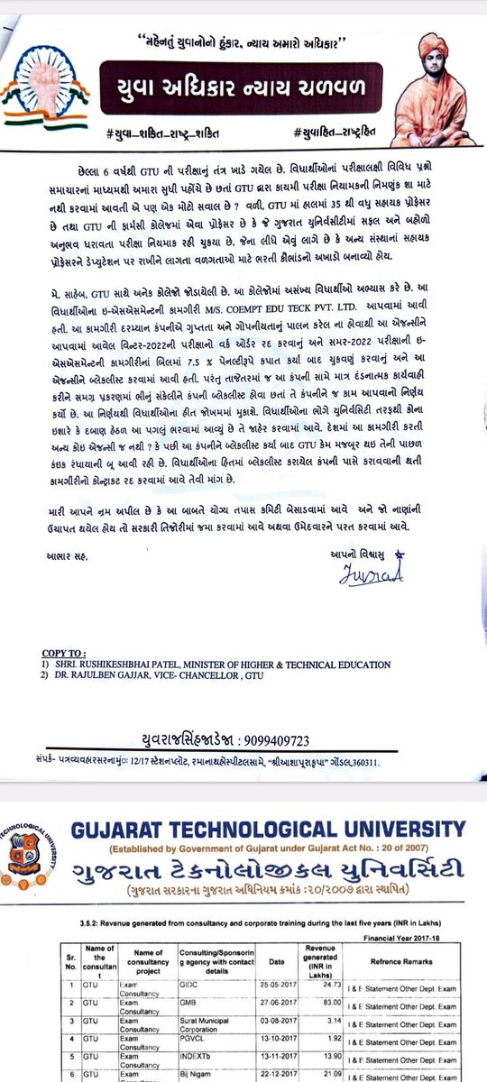 YAJadeja's tweet photo. #GTU_SCAM 
GTU છેલ્લા ઘણા સમયથી વિવાદોનું કેન્દ્ર અને કૌભાંડીઓ નો અખાડો બની ચૂકી છે.
#GTU માં પરિક્ષા નિયામક(controller of examiner) વિરલ બોરીસાગર દ્વારા નિયમો વિરુદ્ધ લાખો રૂપિયાની ઉચાપત(ગોલમાલ) થયેલ હોવાની આશંકા બાબતે તપાસ થવી થવી જોઈએ.
👉આજથી ત્રણ દિવસ પહેલા અમે લેખિત માં સરકારને આ બાબતની જાણ કરી ચૂક્યા છીએ અને નિષ્પક્ષ તથા તટસ્થ તપાસ ની આશા રાખીએ છીએ🙏
GTU દ્વારા વર્ષ ૨૦૧૭ થી ૨૦૨૨ દરમિયાન ૯૨ જેટલી પરીક્ષાઓની આયોજન કરવામાં આવેલ જેમાં અંદાજિત આવક ૨૮ કરોડ ૬૪ લાખ જેટલી થયેલ.(જેના પણ આધાર પૂરવા દરેક પરિક્ષાદીઠ બીડાણ કરેલ છે.)

👉જે પૈસા ની ઉચાપત થયેલા બાબત છે તે તમામ પૈસા ઉમેદવારો દ્વારા વિવિધ સરકારી પરીક્ષા ફી તરીકે ચૂકવવા માં આવતા હોય છે.આ તમામ પૈસા મહેનતુ વિદ્યાર્થીઓના કે એમના વાલીઓના છે. કા તો આ પૈસા વિદ્યાર્થીઓ ને પરત કરવા જોઈએ અથવા સરકારી તિજોરીમાં જમા કરવામાં આવે એવી અમારી માંગણી છે.
#વિરલ_બોરીસાગર મૂળ તઃ વિશ્વકર્મા ગવર્મેન્ટ એન્જીન્યરીંગ કોલેજમાં 'સહાયક પ્રોફેસર' તરીકે નિમણુંક પામેલ એટલે કે તે એક "સરકારી કર્મચારી" છે અને છેલ્લા 5 કરતા વધારે વર્ષથી ડેપ્યુટેશન તરીકે GTU માં છે. ગુજરાત સરકારનાં શિક્ષણ વિભાગનાં GR NO. TEM-102005-833/S પરિશિષ્ટ-2 માં દર્શાવ્યા અનુસાર કોઇપણ સરકારી કર્મચારી ઇન્ટર્નલ રેવન્યુ જનરેશન થકી મેળવેલ કન્સલ્ટન્સી કે અન્ય કોઇપણ પ્રકારની રકમ તેની કુલ બેઝીક આવકનાં 20 % થી વધુ લઇ શકે નહીં. શ્રી વિરલ બોરીસાગર સરકારી કર્મચારી છે. તેમની મહત્તમ વાર્ષિક પગાર લગભગ 15 લાખ રૂપિયા હોય તો પણ પ્રતિ વર્ષ સરકારી નિયમાનુસાર 3 લાખ અને 4 વર્ષમાં 12 લાખથી વધુ રૂપિયા કન્સલ્ટન્સી ફી ટેક્ષ ભરીને પણ ના લઇ શકે.તો અહીંયા કઈક ગોલમાલ થયાની બાબત સામે આવેલ છે જેની કાયદાકીય તપાસ થવી જોઈએ.

➡️૬ વર્ષ સુધી આ ભાઈ GTU ડેપ્યુટેશન થી નોકરી કરી રહિયા છે.
એવી તો શું મજબૂરી છે કે 2 વર્ષ માટે ફરી એને એકસ્ટન્ટ કરવામાં આવ્યા ?
➡️કોની રહેમ રાહે ફરી 2 વર્ષ માટે રીપિટેશન કરવામાં આવ્યું  ?
➡️શું GTU પાસે કેપેબલ સ્ટાફની કમી છે કે તેને બહાર થી હાયર કરવા પડે છે ?
➡️GTU માં કાયમી પરીક્ષા નીયમક ની નિમણુંક શા માટે કરવામાં નથી આવતી ?
➡️જો વાસ્તવિક પરિસ્થિતિ જોવા જોઈએ તો GTU પાસે ૩૫ થી વધારે સહાયક પ્રોફેસર નો સ્ટાફ ઉપલબ્ધ જ છે અને ફાર્મસી કોલેજના એવા પ્રોફેસર સ્ટાફ પણ છે જે ગુજરાત યુનિવર્સિટી જેવી સંસ્થાઓમાં પરીક્ષા નિયામક તરીકે રહી ચૂક્યા છે અને  સફળ પરીક્ષાનું આયોજન પણ કરતા આવ્યા છે અને તમામ પરીક્ષાઓ લેવાનો બોહડો અનુભવ પણ છે.➡️આ રીતે અન્ય સંસ્થાઓના પ્રોફેસર ને ડેપ્યુટેશન પર રાખીને લાગતા વળગતાઓ માટે ભરતી કૌભાંડનો અખાડો બાનવ્યો છે.

👇બીજી બાબત🔽

▶️ #GTU સાથે અનેક કોલેજો જોડાયેલી છે. આ કોલેજોમાં અસંખ્ય વિધાર્થીઓ અભ્યાસ કરે છે.              આ વિધાર્થીઓના ઇ-એસએસમેન્ટની કામગીરી M/S. COEMPT EDU TECK PVT. LTD.  આપવામાં આવી હતી. આ કામગીરી દરમ્યાન કંપનીએ ગુપ્તતા અને ગોપનીયતાનું પાલન કરેલ ના હોવાથી આ એજન્સીને આપવામાં આવેલ વિન્ટર-2022ની પરીક્ષાનો વર્ક ઓર્ડર રદ કરવાનું અને સમર-2022 પરીક્ષાની  ઇ-એસએસમેન્ટની કામગીરીનાં બિલમાં 7.5 % પેનલ્ટીરૂપે કપાત કર્યા બાદ ચુકવણું કરવાનું અને  આ એજન્સીને બ્લેકલીસ્ટ કરવામાં આવી હતી. 
⏏️પરંતુ તાજેતરમાં જ આ કંપની સામે માત્ર દંડનાત્મક કાર્યવાહી કરીને સમગ્ર પ્રકરણમાં ભીનું સંકેલીને કંપની બ્લેકલીસ્ટ હોવા છતાં તે કંપનીને જ કામ આપવાનો નિર્ણય કર્યો છે. 
💢આ નિર્ણયથી વિધાર્થીઓના હીત જોખમમાં મુકાશે. વિધાર્થીઓના ભોગે યુનિર્વસિટી તરફથી કોના ઇશારે કે દબાણ હેઠળ આ પગલું ભરવામાં આવ્યું છે ??? તે જાહેર કરવામાં આવે.
💥શું દેશમાં આ કામગીરી કરતી અન્ય કોઇ એજન્સી જ નથી ? 
▶️ ક્યાં ઉચ્ચ હોદ્દેદારો કે એજન્ટ છે જેના ચાર હાથ એની ઉપર છે આવા લોકો અને એજન્સી ઉપર ?
▶️ આ બ્લેકલીસ્ટ કરેલ એજન્સી ના ફરી કોન્ટ્રાક્ટ આપવાનો શો મતલબ ?
(કઈક તો દાળ માં કાળુ છે.)
➡️ અન્ય સંસ્થાના સહાયક પ્રોફેસર ને આટલા વર્ષો આ રીતે ડેપ્યુટેશન ઉપર રાખવામાં આવે છે તો તે મૂળ સંસ્થાના વિદ્યાર્થીઓની પરિસ્થિતિ શું થતી હસે ?

▶️ભૂતકાળમાં પણ આ જ પ્રકારના આરોપ #DET ના કર્મચારી ઉપર આરોપ લાગેલ અને તે સાબિત થતાં પૈસા સરકારી તિજોરીમાં જમા કરવાનો વારો આવેલ તે જ પ્રકારે આમાં પણ કડક અને તટસ્થ તપાસ થવી જોઈએ.અમારી ન્રમ અપીલ છે કે આ બાબતે યોગ્ય તપાસ કમિટી બેસાડવામાં આવે  અને જો નાણાંની ઉચાપત થયેલ હોય તો સરકારી તિજોરીમાં જમા કરવામાં આવે અથવા ઉમેદવારને પરત કરવામાં આવે.
▶️વિદ્યાર્થીઓના હિતમાં બ્લેકલીસ્ટ કરાયેલ કંપની પાસે કરાવવાની થતી કામગીરીનો કોન્ટ્રાકટ રદ કરવામાં આવે તેવી પણ  માંગ છે.🙏
@Bhupendrapbjp
@CMOGuj 
@knkher2009 
@Mukeshias 
@navinsheth 
@irushikeshpatel 
@GTUoffice 
@kuberdindor 
@ArvindKejriwal