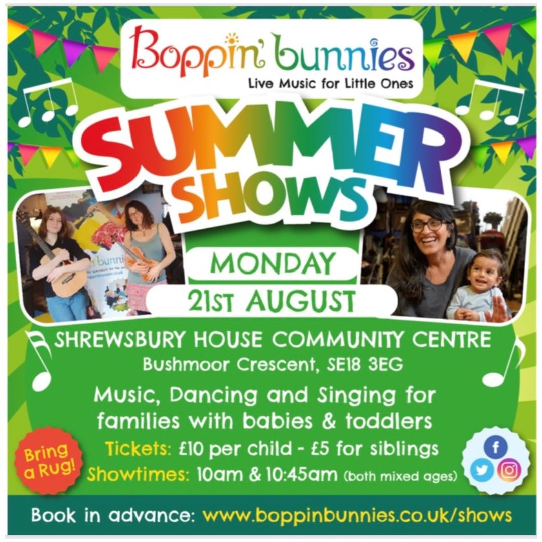 ShrewsburyHse's tweet photo. Coming up for little ones in Summer with @BoppinBunnies
#singing #dancing
#activitiesforchildren
#shrewsburyhouseSE18 https://t.co/a5LOe4KYSg
