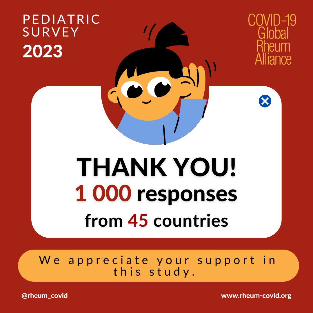 A big THANK YOU to all contributors to the GRA Pediatric Survey. With 1 000 responses over 45 countries, keep an eye on our publications page for the results of this survey: rheum-covid.org/publications/ #paediatrics #paediatricrheumatology #JIA #arthritis #rheumaticillness #lupus