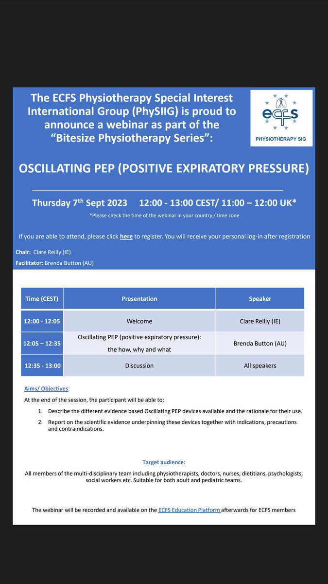 🧵 Very excited at this opportunity to hear Dr Brenda Button talk on Oscillating PEP.  Please sign up and tell your colleagues.  Also for us in Ireland and UK, please note the time difference! I will include the link in the thread below.