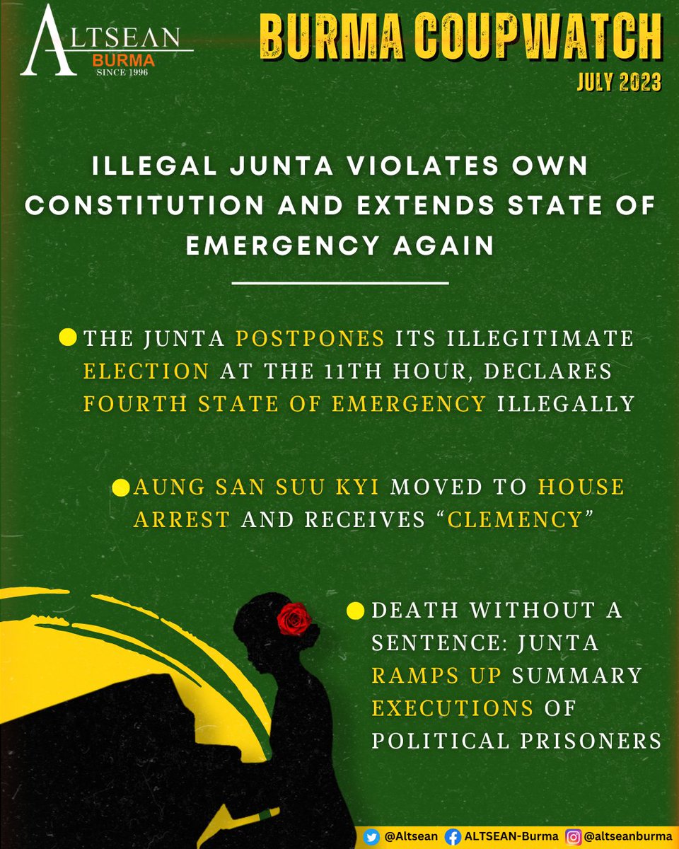 Altsean's tweet photo. 📣Latest ALTSEAN #CoupWatch (10 Aug) 

 "Illegal junta violates own constitution and extends state of emergency again"  

🔗Full Briefer: https://t.co/KNbWfaBQTm

📩Stay updated: https://t.co/LmyeGkje8B 

🙏Thx @uscb @adn_asia @forum_asia @BHRNUK 
@IIDonline @fidh_en 

#Myanmar https://t.co/0wJy62n3y2