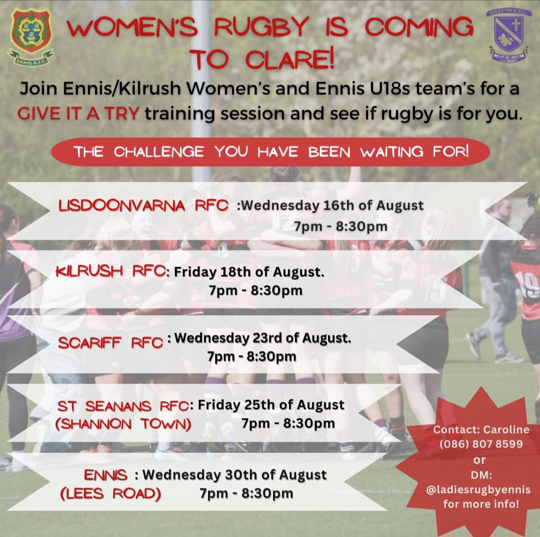 James Lynch (@lynchiesoup) on Twitter photo Any women in Clare with an interest in playing Rugby that haven’t quite taken that step, there’s an opportunity for you to “Give it a Try” throughout the county over the coming weeks. <a href="/EnnisRugby/">Ennis Rugby Club</a> are working with other clubs to provide an intro to the game at various locations. Any women in Clare with an interest in playing Rugby that haven’t quite taken that step, there’s an opportunity for you to “Give it a Try” throughout the county over the coming weeks. <a href="/EnnisRugby/">Ennis Rugby Club</a> are working with other clubs to provide an intro to the game at various locations.