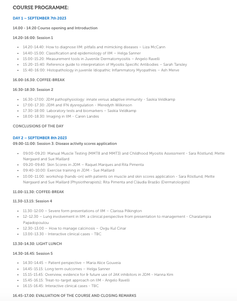 PReS Juvenile Idiopathic Inflammatory Myopathies hybrid course 7th-8th Sept 2023, Lisbon Portugal. Key topics to include: pathogenesis, diagnosis and treatment and hands on practice for face to face attendees. More info at rb.gy/9ulmm @PReSEMERGE @paedmskglobal