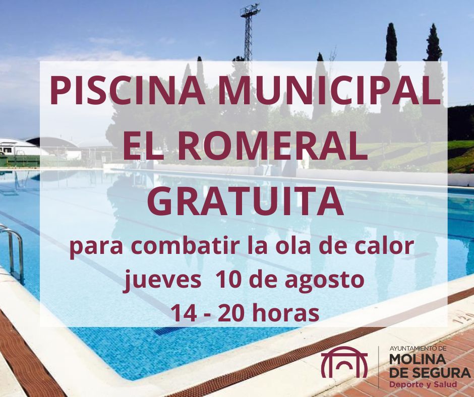 🏊‍♂️La Concejalía de <a href="/DEPORTEYSALUD4/">Deporte & Salud Molina de Segura</a> de #MolinadeSegura pone a disposición de la ciudadanía la #piscina municipal de 'El Romeral' de forma totalmente gratuita en el día de hoy (10 de agosto de 2023) en horario de 14 a 20:00 horas para combatir la #oladecalor 
#Salud