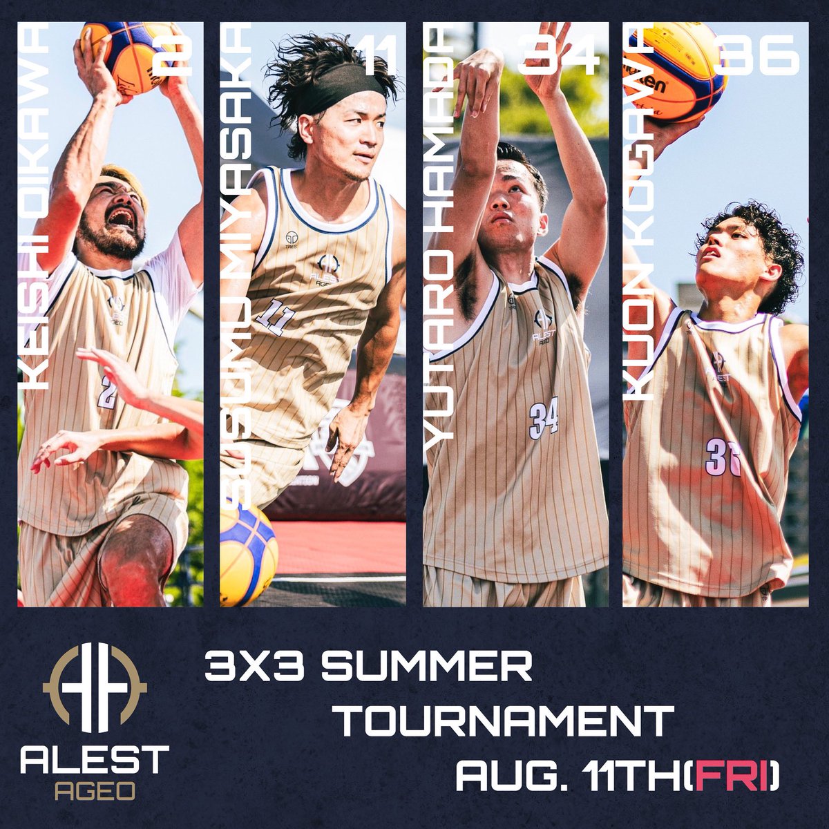 alest_ageo's tweet photo. 【試合情報】明日江東区深川北スポーツセンターにて開催される3x3 SUMMER TOURNAMENTに下記の4名で出場します。今大会は1dayトーナメントで世界大会への出場権が取れる大会となっております。ご声援よろしくお願いいたします！

【ロスター】
#2 及川 啓史
#11 宮坂 侑
#34 濵田 裕太郎
#36 古川 空音 https://t.co/ffWZmeHL1f