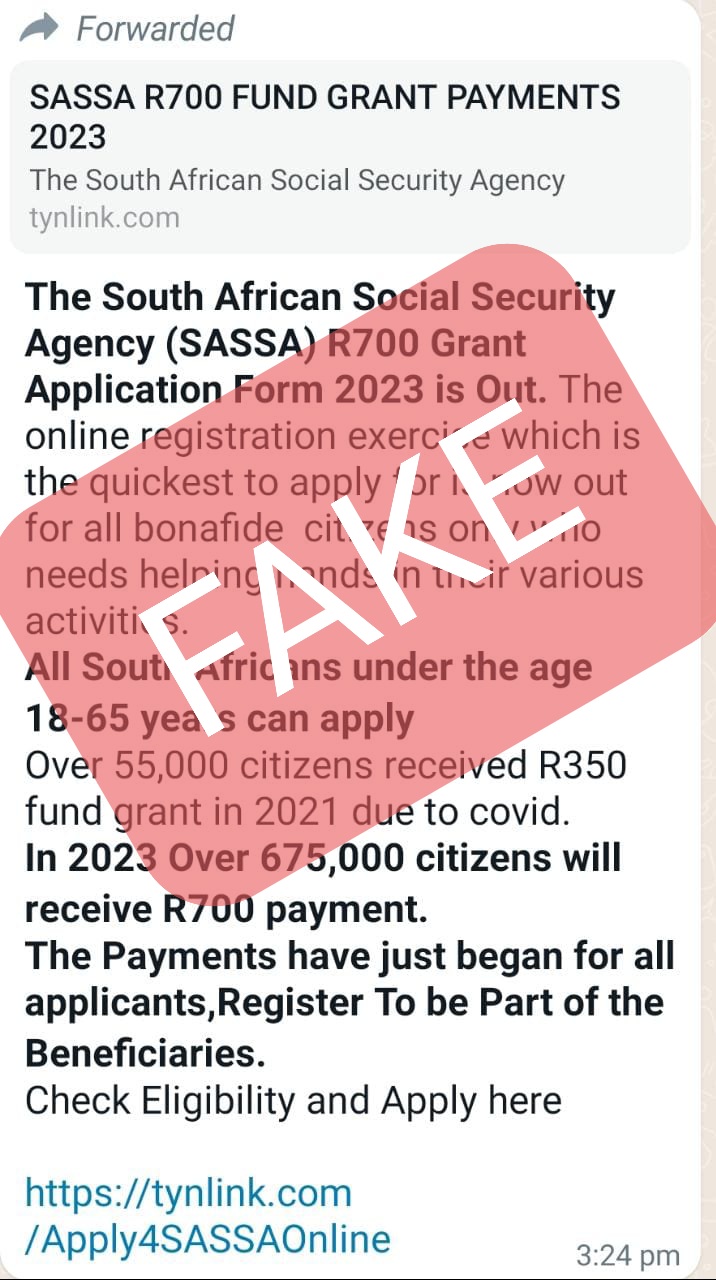 SASSA on X: &ldquo;[FAKE NEWS] The below message is fake and does not 