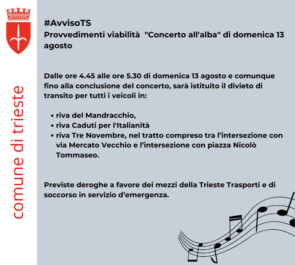 ComunediTrieste's tweet image. #AvvisoTS
Provvedimenti viabilità per il "Concerto all'alba" di domenica 13 agosto🔽🔽🔽