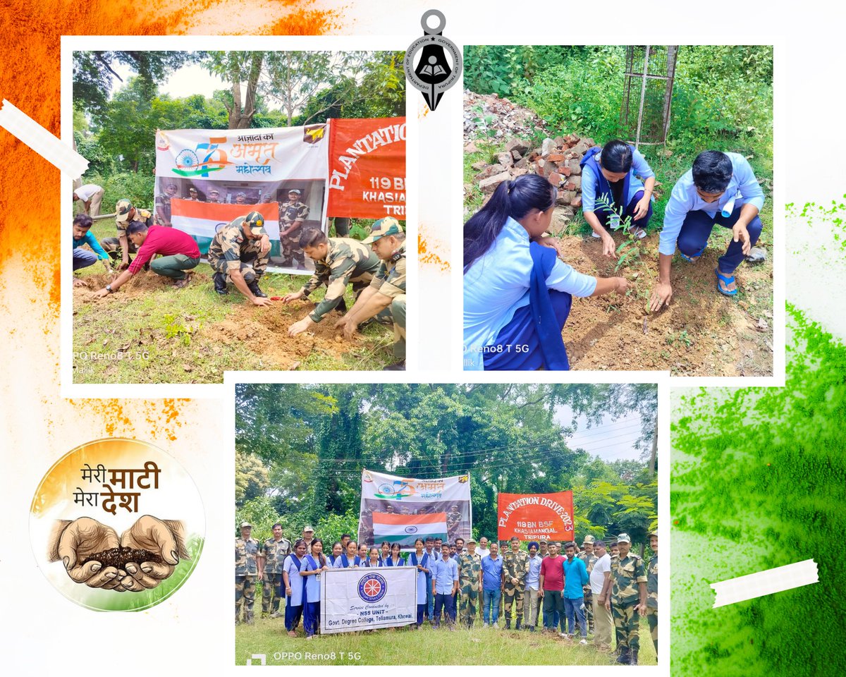 Joint Tree plantation programme by NSS Unit alongwith 119 B N BSF and soil collection programme from adopted village was held today on the occasion of "Meri Mati, Mera  Desh" by NSS Unit of Government Degree College Teliamura."