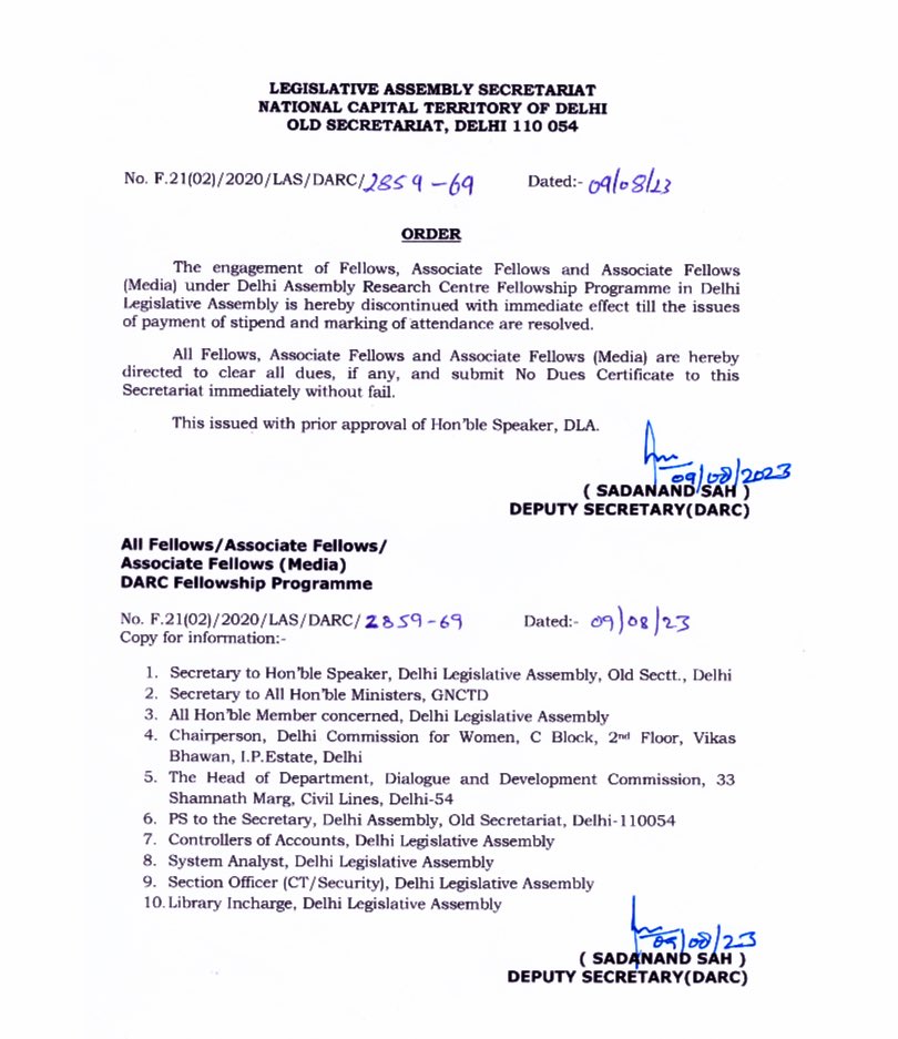 Days after the passage of the GNCTD (Amendment) Act, #Delhi Assembly orders disengagement of all individuals appointed as Fellows, Associate Fellows and Associate Fellows (Media) under the Delhi Assembly Research Centre Fellowship Programme (DARC) @IndianExpress
