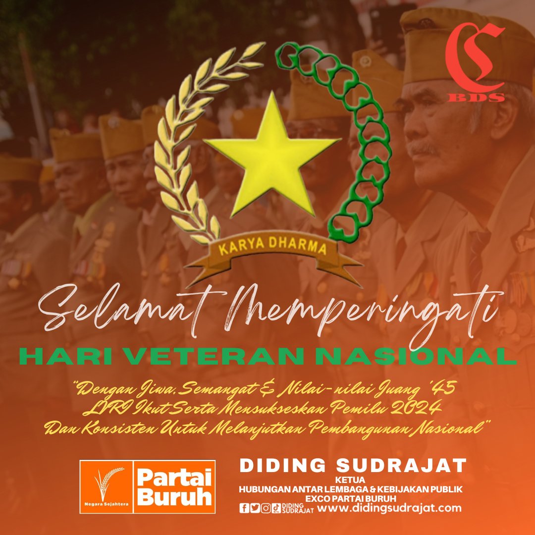 SUDRAJATDIDING's tweet photo. Selamat Memperingati
Hari Veteran Nasional
“Dengan Jiwa, Semangat &amp; Nilai-nilai Juang '45 LVRI Ikut Serta Mensukseskan PEMILU 2024 &amp; Konsisten Untuk Melanjutkan Pembangunan Nasional” https://t.co/5UJS31cQB3