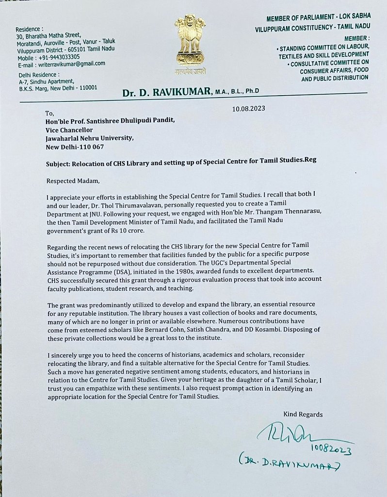 SaibBilaval's tweet photo. #BREAKING
Dr D Ravikumar, Member of Lok Sabha, who was instrumental in arranging the 10 crore grant for the Tamil Studies Centre in JNU, has written a letter to the VC in support of the #SaveCHSLibrary movement! https://t.co/kNUNZfVV58