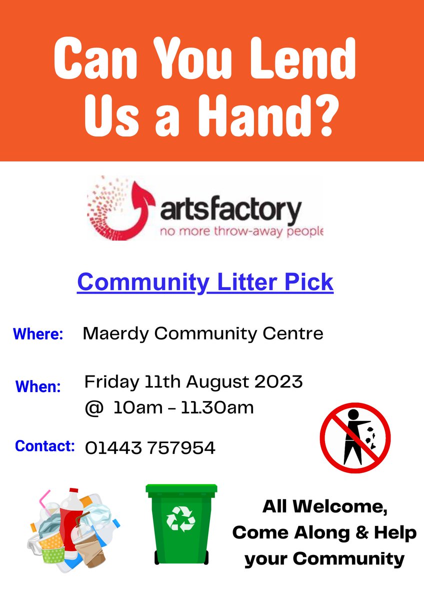 RCTCouncil's tweet photo. 📢Calling all residents in the Maerdy area📢
Would you like to meet likeminded people in the area and get involved in a community litter pick?
Come down to Maerdy Community Centre at 10:00am on Friday 11th August to offer a helping hand♻️
#ThinkClimateRCT https://t.co/S0DWmctIiW