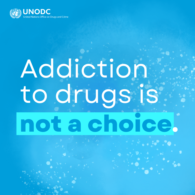 UNODC's tweet photo. Addiction to drugs isn't a choice but a medical condition.

Many people who use drugs face stigma &amp; discrimination, which can further harm their mental &amp; physical health &amp; prevent them from accessing the help they need.

Help us share this message, far and wide👇🏼 https://t.co/dMJMplaznE