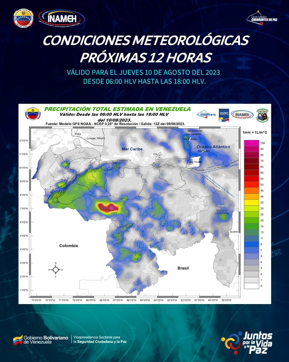 INAMEH's tweet photo. #10Ago #INAMEHInforma Se estiman áreas nubladas con presencia de núcleos convectivos aislados, productores de lluvias o chubascos en nuestro Esequibo, Bolívar, Amazonas, Anzoátegui, Centro Norte Costero, Llanos Centrales/Occidentales, los Andes y Zulia; https://t.co/ALLMK0PsS1