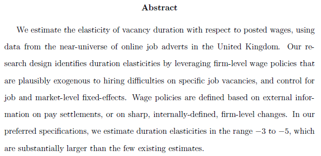 Ihsaan (@ihsaanbassier) on Twitter photo New short WP by me, <a href="/alanmanning4/">alan manning</a> & Barbara Petrongolo:
Do firms that pay higher wages fill vacancies more easily?
We find a 10% wage increase reduces vacancy-filling time by 25-40%.
iza.org/publications/d…
(1/5) New short WP by me, <a href="/alanmanning4/">alan manning</a> & Barbara Petrongolo:
Do firms that pay higher wages fill vacancies more easily?
We find a 10% wage increase reduces vacancy-filling time by 25-40%.
iza.org/publications/d…
(1/5)