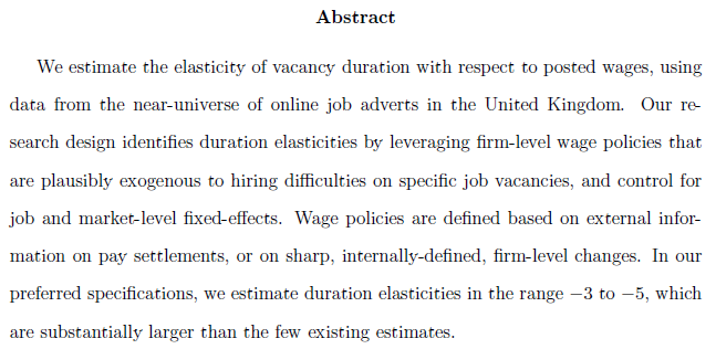 New short WP by me, @alanmanning4 & Barbara Petrongolo: Do firms that pay higher wages fill vacancies more easily? We find a 10% wage increase reduces vacancy-filling time by 25-40%. iza.org/publications/d… (1/5)