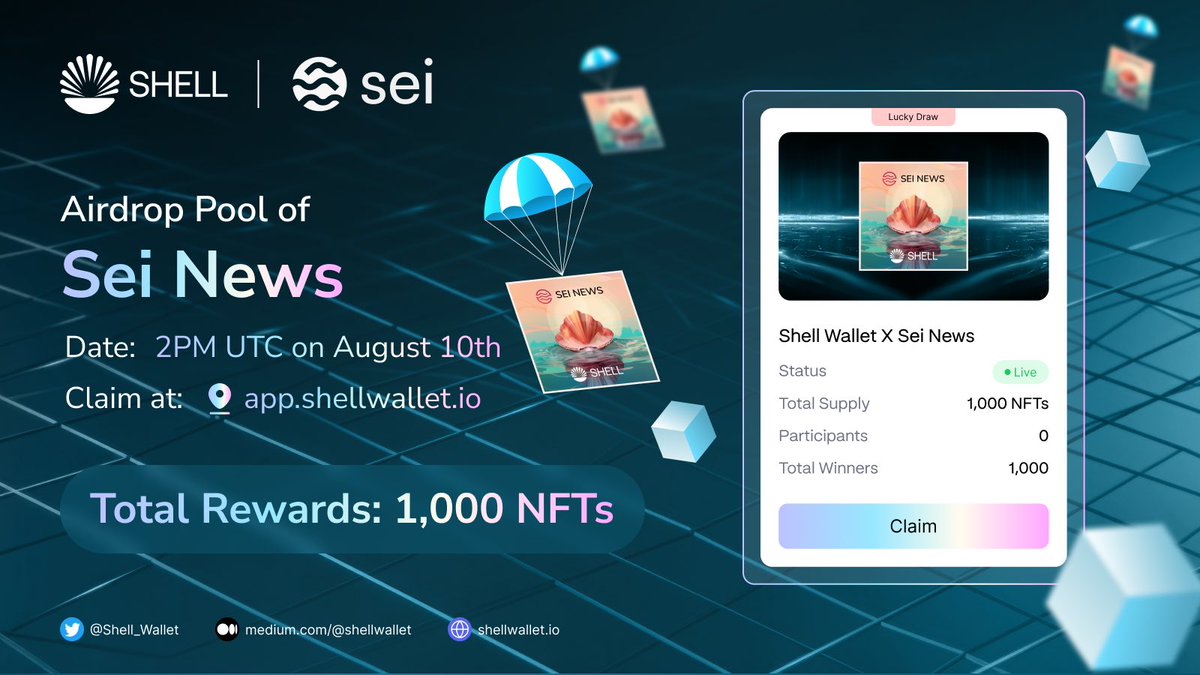 _SeiNews's tweet photo. 🪂 Airdrop Browser Showcase - Round 3: #TheBiggestAirdroponSei  🌊 🎁

📢 @_SeiNews will launch an airdrop pool on @Shell_Wallet's Airdrop Browser for Shell Passport NFT holders.

📍 Venue: https://t.co/E3BKfoUMaj
⏰ Start Time: 2 PM UTC on August 10th
💰 Allocation: 1,000 NFTs for 1,000 users

🤑 Don't miss out on this incredible opportunity to receive our NFTs! Join us now and claim your share 🔥

#SeiNetwork #SeiMainnet #Airdrops #SeiNews