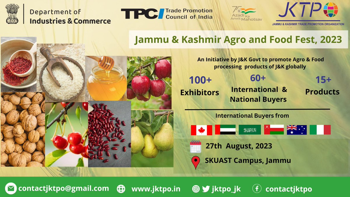 Jktpo_jk's tweet photo. #TPCI &amp; JKTPO plans to organize J&amp;K Agro and Food Fest 2023 for  #Agro and #FoodProcessing Industry of J&amp;K on 27th August, 2023  at SKUAST Jammu .

@OfficeOfLGJandK @diprjk @TPCI_ https://t.co/gc98PKWFoc