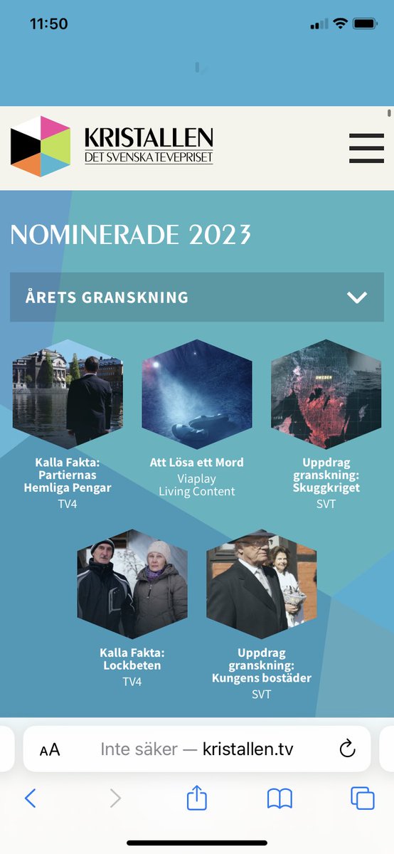 Uppdrag <a href="/granskning/">Uppdrag granskning</a> :s och mitt program Kungens bostäder nominerad till Årets granskning.  (Tv-priset Kristallen)
Här kan du se programmet:
svtplay.se/video/ebmEDGY/…