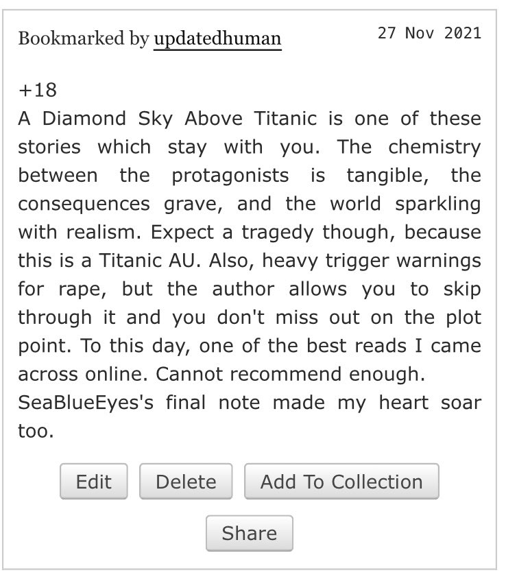 updatedlou's tweet photo. I see some of you good omens fan accounts following me so now I have to ask: what’s your favourite GO fanfic? Or if you can’t choose, your top 3?
Mine’s A Diamond Sky Above Titanic by SeaBlueEyes https://t.co/YRzQHBYxGQ https://t.co/tiAEclTsp6