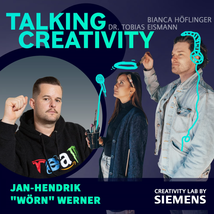 SiemensDE's tweet photo. Siemens funktioniert nicht ohne #Innovation und Innovation nicht ohne #Kreativität. 🎨 Wie wir diese privat und in Unternehmen fördern können, besprechen Tobi und Bibi in unserer #TalkingCreativity Podcast-Episode mit Grafikdesigner Jan „Wörn“. Jetzt reinhören 🎧 👇