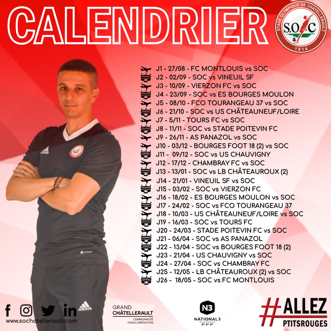 SOChatellerault's tweet photo. [ National 3 ] MERCATO 🔴⚪️

Le SOC vous présente le calendrier des matchs N3 pour la saison 2023/2024 ! 
Les PtitsRouges joueront le samedi à 18h lors des matchs à domicile !

🔴 ⚪️ #AllezPtitsRouges #SOC #N3 #Football #Mercato #VilledeChâtellerault #DistrictdelaVienne #PouleC https://t.co/PMJnyMl1at