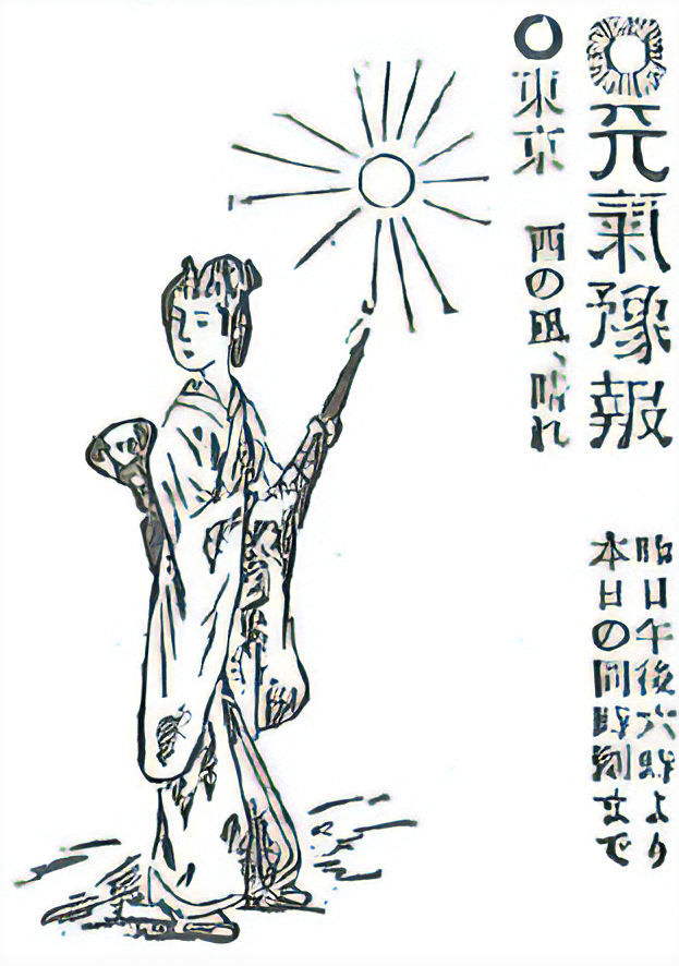 晴れ時々曇り所によりにわか雨~(現代語訳)とか書かれてもぴんとこなかったそう。そこでイラスト形式に変えたところ「わかりやすい!」と一転大好評。確かにこれなら本文読まんでも分かる、出かける直前ぱっと見られるとこもいい!そういや現代天気予報だって大抵おひさまや傘マークとセットだね。
