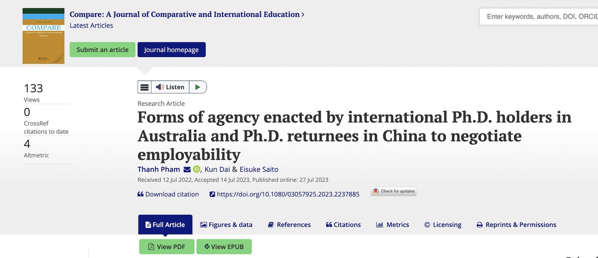 Glad to share our new article is now granted Open Access tandfonline.com/doi/full/10.10….
It's the first time we conceptualised how PhD holders in Australia and China develop forms of agency to negotiate employability. 

Thanks for reading and sharing if you have an interest 💌