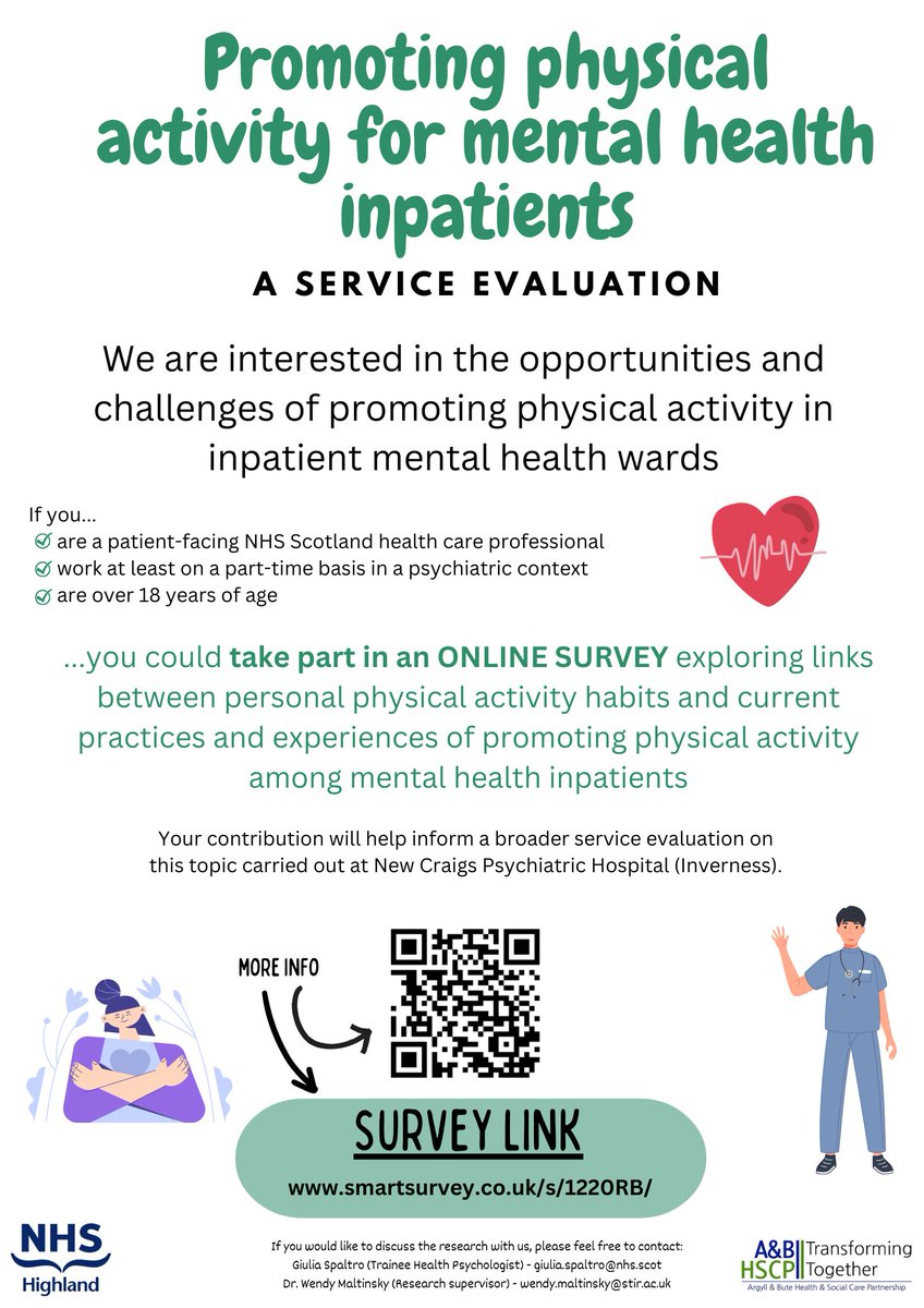 Are you a HCP working for @NHSScotland in INPATIENT MENTAL HEALTH? Don't miss out on the opportunity to take part in a survey exploring facilitators and barriers to the promotion of PHYSICAL ACTIVITY: smartsurvey.co.uk/s/1220RB/ @NHSHighland @NHS_Education @NES_Psychology