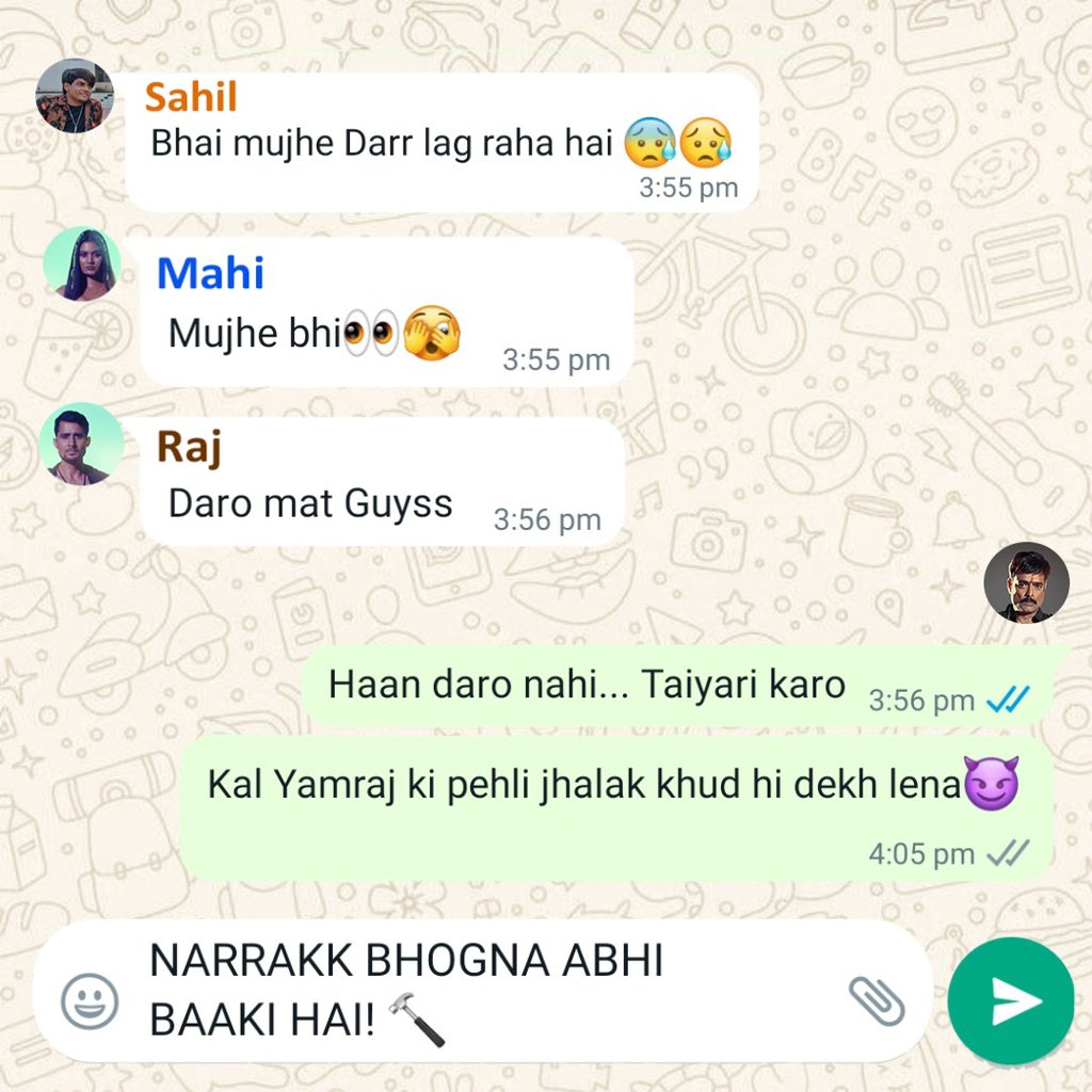 narrakkmovie's tweet photo. Ooohh… we just got our hands on Narrakk’s group chat!
And it only added to the fear and anticipation 🤯🫣
Yeh Laal Singh ki Chetawni hai ya Dhamki????? 😳
Shayad kal pata chalega🤷🏻‍♀️

@S_Y_Productions @SandeepYadav_
@RahulKSingh999 @JPStarPictures
@ActorASingh @brijkala https://t.co/FzLTrBQsEh